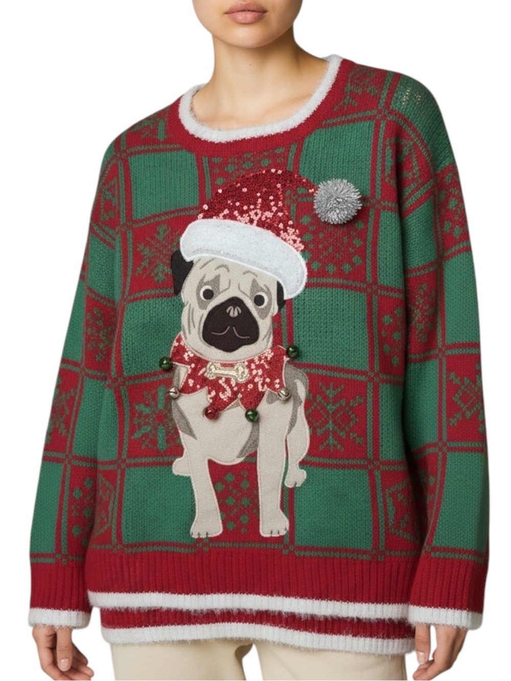 33 DEGREES Festive Pug Christmas Sweater w/ Jingle Bells Size Large — ADORABLE!!